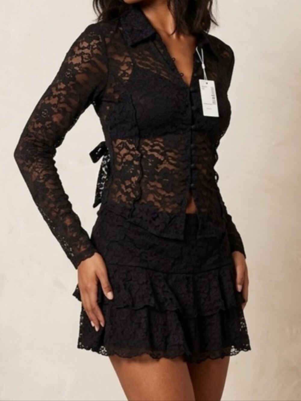 twik Black Sheer Lace Collared Mini Skirt Set. Top And Skirt